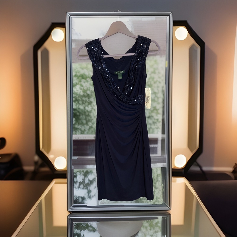Lauren Ralph Lauren Navy Sequin Ruched‎ Cocktail Dress/NWT size 2 Evening Party